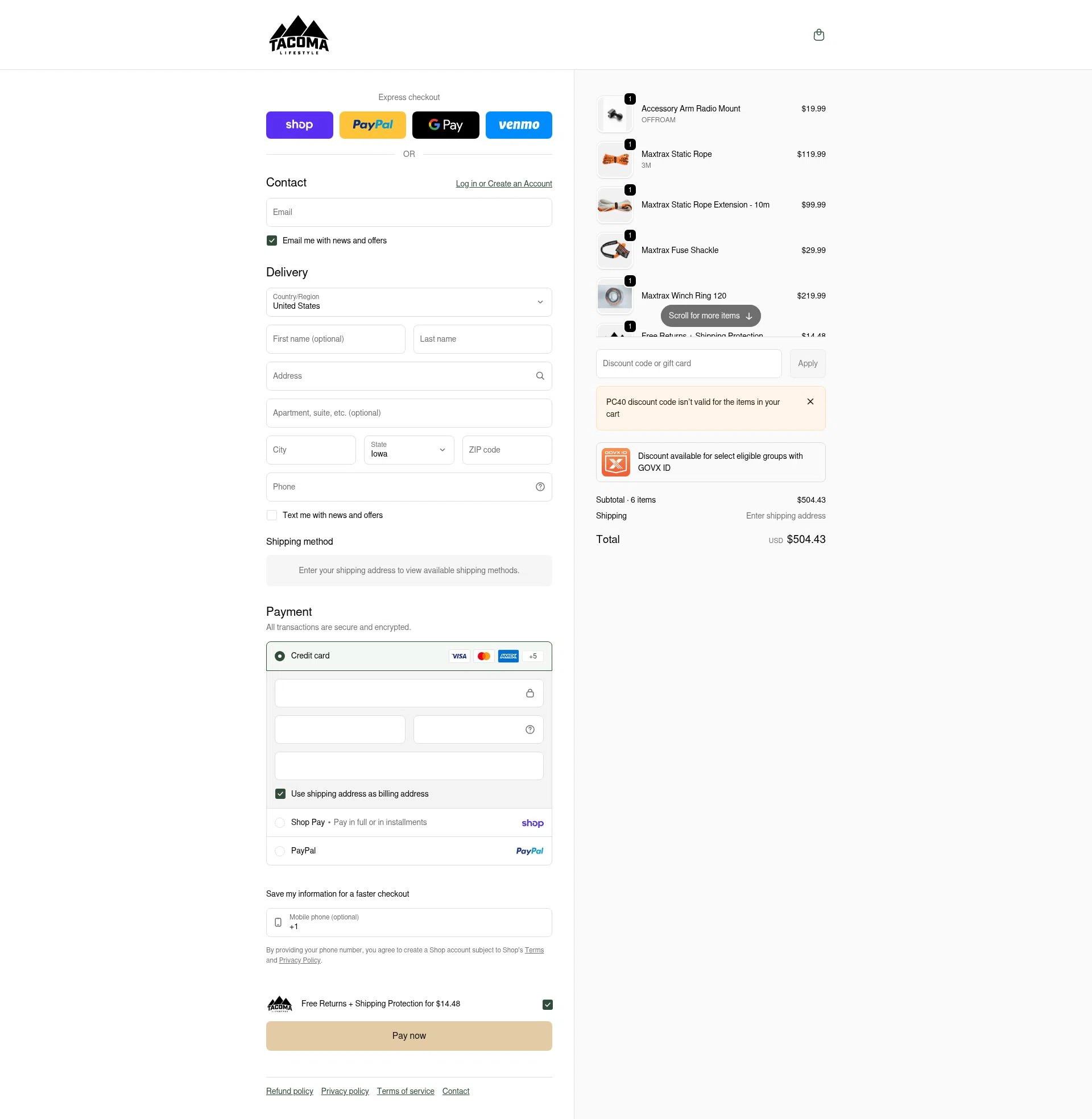 Tacoma Lifestyle checkout page showing Tacoma Lifestyle discount code box | Screenshot taken by SimplyCodes community member on Feb 1, 2026