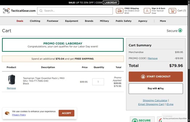 TacticalGear.com checkout page showing TacticalGear.com promo code box | Screenshot taken by SimplyCodes community member on Aug 24, 2025