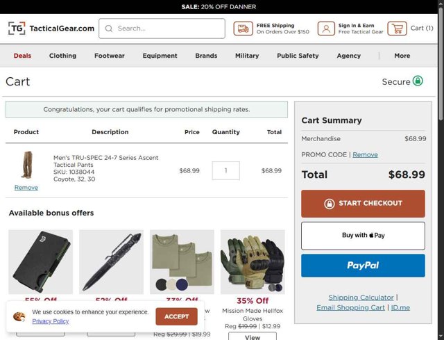TacticalGear.com checkout page showing TacticalGear.com promo code box | Screenshot taken by SimplyCodes community member on Sep 4, 2025
