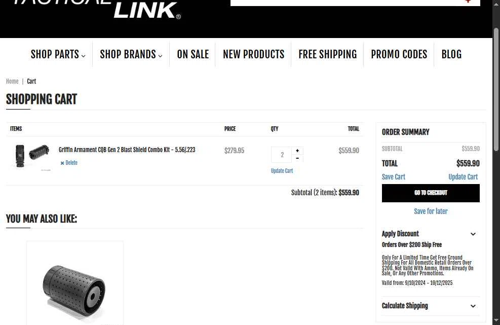 Tactical Link checkout page showing Tactical Link promo code box | Screenshot taken by SimplyCodes community member on Apr 7, 2025