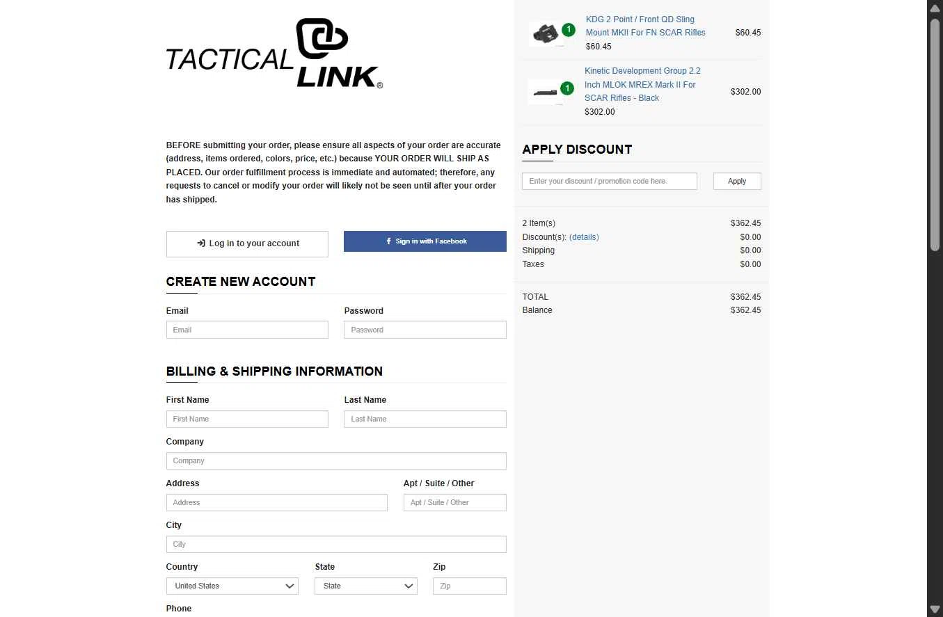 Tactical Link checkout page showing Tactical Link promo code box | Screenshot taken by SimplyCodes community member on Oct 24, 2025
