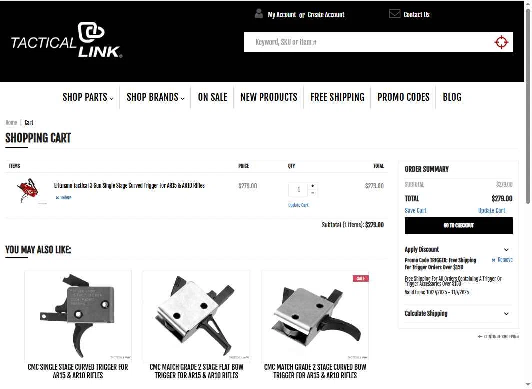 Tactical Link checkout page showing Tactical Link promo code box | Screenshot taken by SimplyCodes community member on Nov 1, 2025