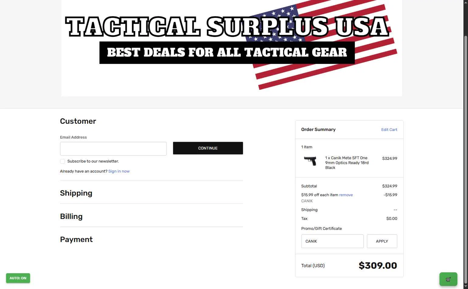 Tactical Surplus USA checkout page showing Tactical Surplus USA coupon code box | Screenshot taken by SimplyCodes community member on Jan 4, 2026
