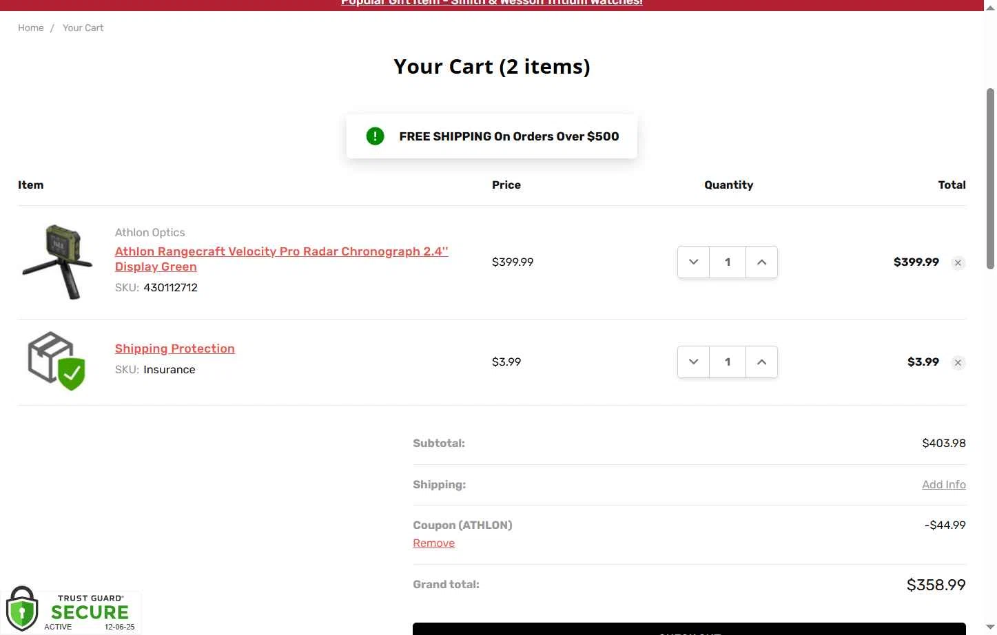 Tactical Surplus USA checkout page showing Tactical Surplus USA coupon code box | Screenshot taken by SimplyCodes community member on Dec 6, 2025