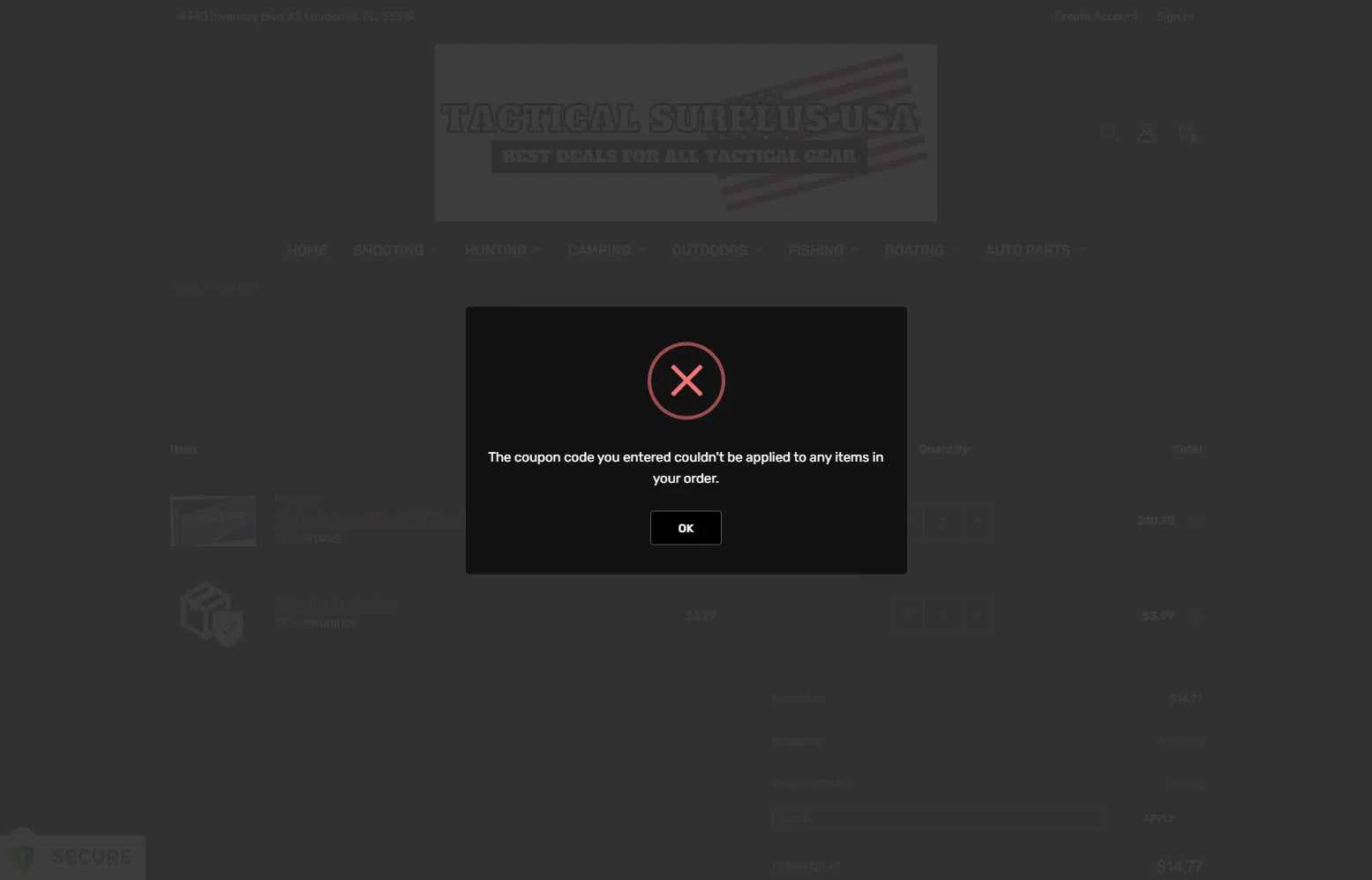 Tactical Surplus USA checkout page showing Tactical Surplus USA coupon code box | Screenshot taken by SimplyCodes community member on Jan 26, 2026