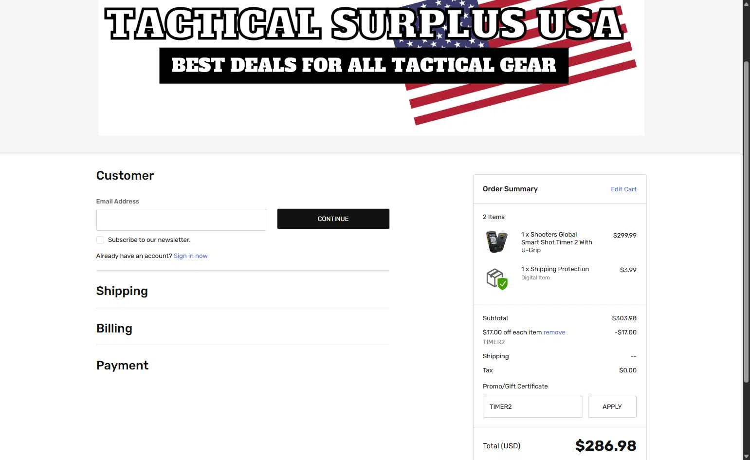 Tactical Surplus USA checkout page showing Tactical Surplus USA coupon code box | Screenshot taken by SimplyCodes community member on Jan 23, 2026