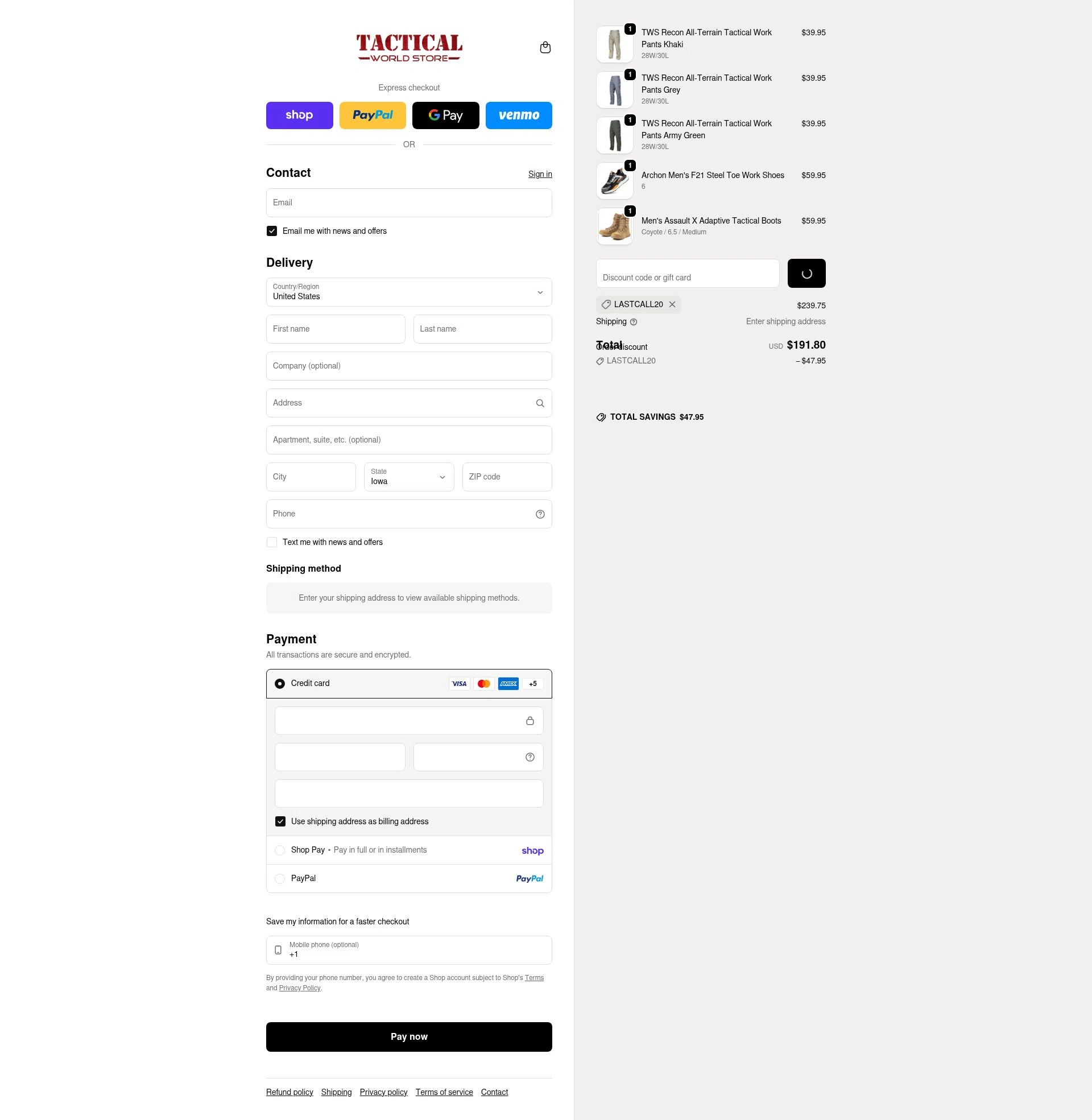 Tactical World Store checkout page showing Tactical World Store discount code box | Screenshot taken by SimplyCodes community member on Feb 7, 2026