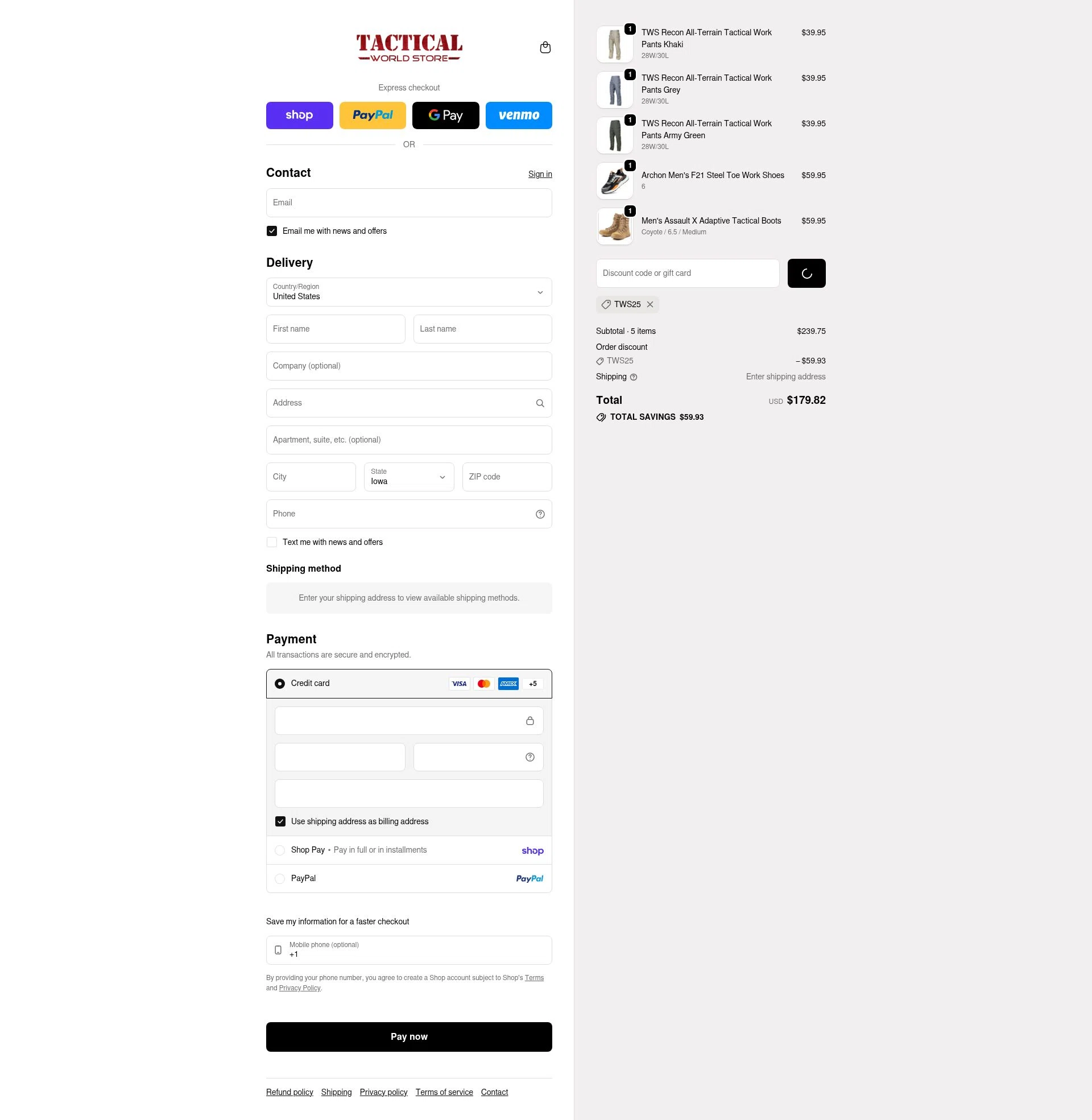 Tactical World Store checkout page showing Tactical World Store discount code box | Screenshot taken by SimplyCodes community member on Feb 7, 2026