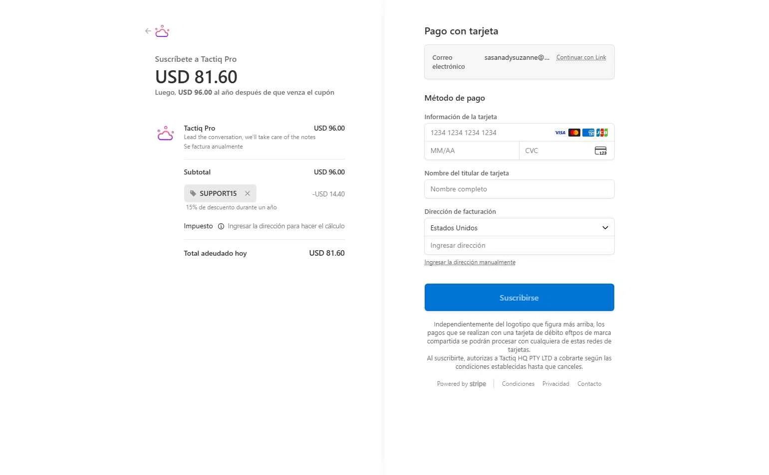 Tactiq checkout page showing Tactiq promo code box | Screenshot taken by SimplyCodes community member on Dec 11, 2025