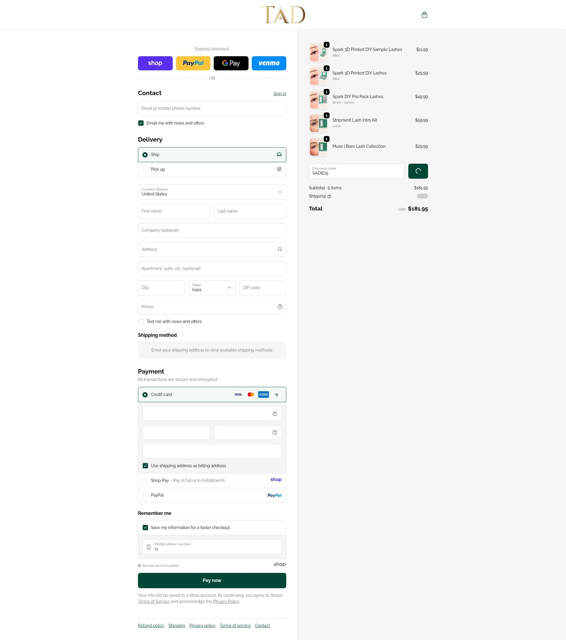 TAD Beauty checkout page showing TAD Beauty promo code box | Screenshot taken by SimplyCodes community member on Jan 3, 2026