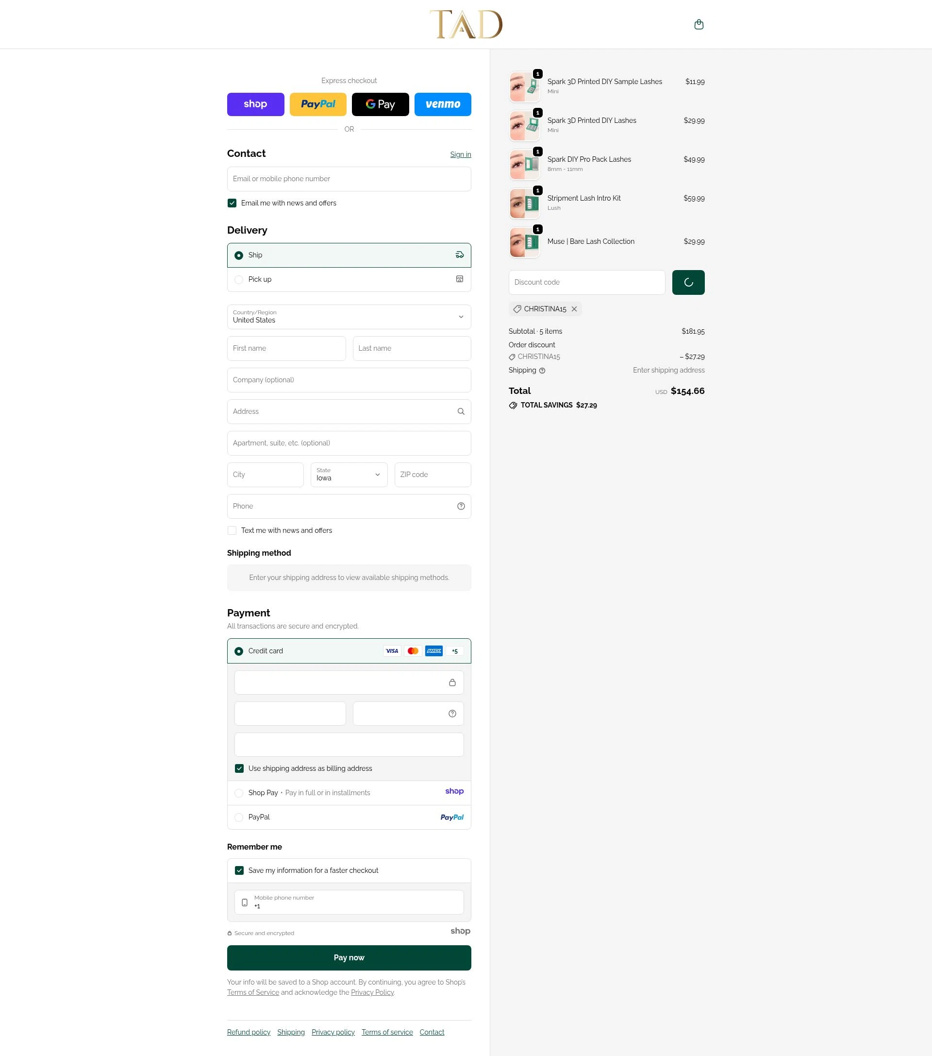 TAD Beauty checkout page showing TAD Beauty promo code box | Screenshot taken by SimplyCodes community member on Dec 29, 2025