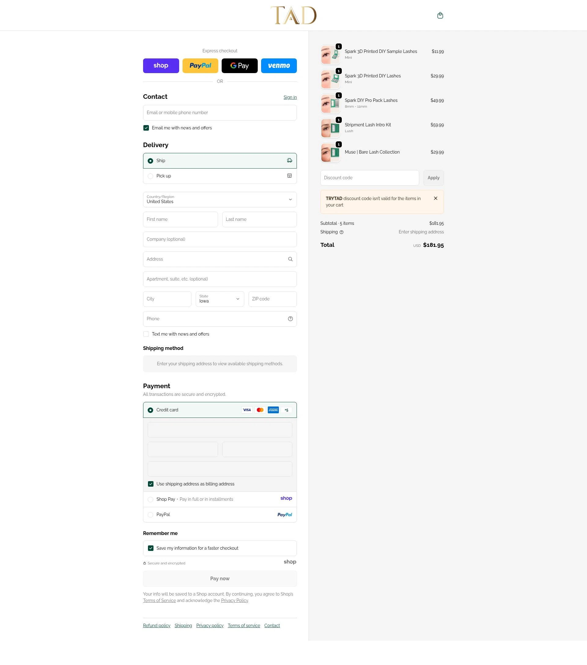 TAD Beauty checkout page showing TAD Beauty promo code box | Screenshot taken by SimplyCodes community member on Dec 29, 2025