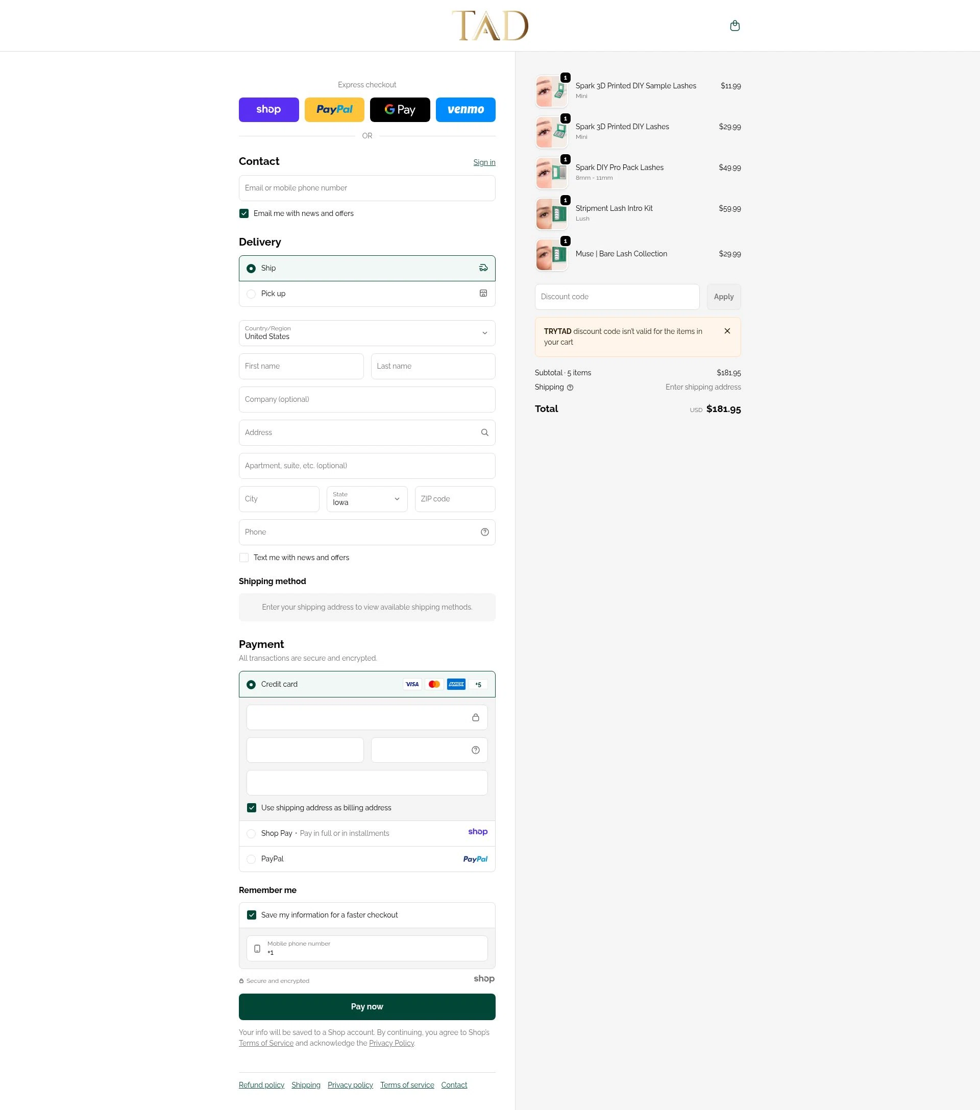 TAD Beauty checkout page showing TAD Beauty promo code box | Screenshot taken by SimplyCodes community member on Jan 3, 2026