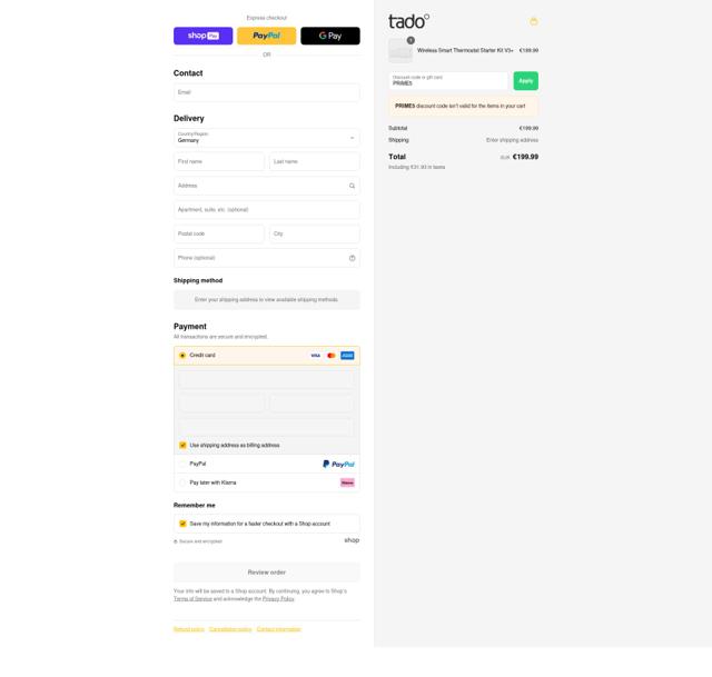 Tado checkout page showing Tado discount code box | Screenshot taken by SimplyCodes community member on Jul 14, 2025