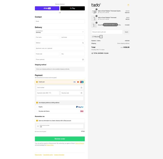 Tado checkout page showing Tado discount code box | Screenshot taken by SimplyCodes community member on Feb 12, 2025