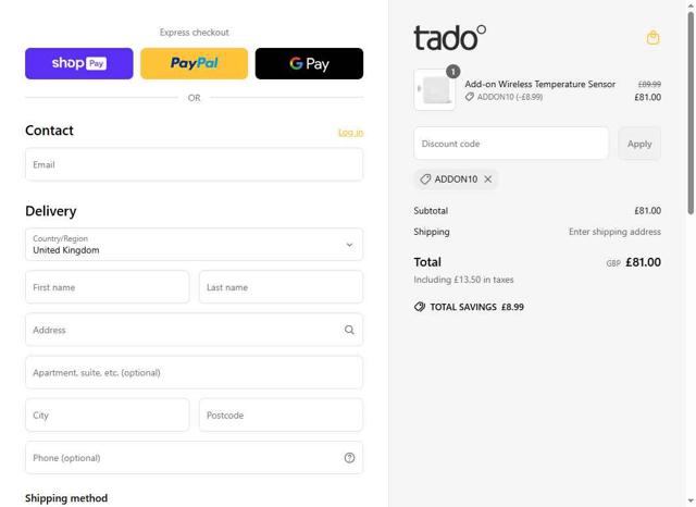 Tado checkout page showing Tado discount code box | Screenshot taken by SimplyCodes community member on May 5, 2025