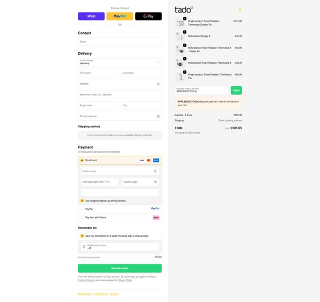 Tado checkout page showing Tado discount code box | Screenshot taken by SimplyCodes community member on Sep 25, 2025