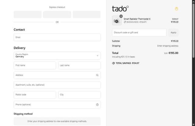 Tado checkout page showing Tado discount code box | Screenshot taken by SimplyCodes community member on Jun 12, 2025