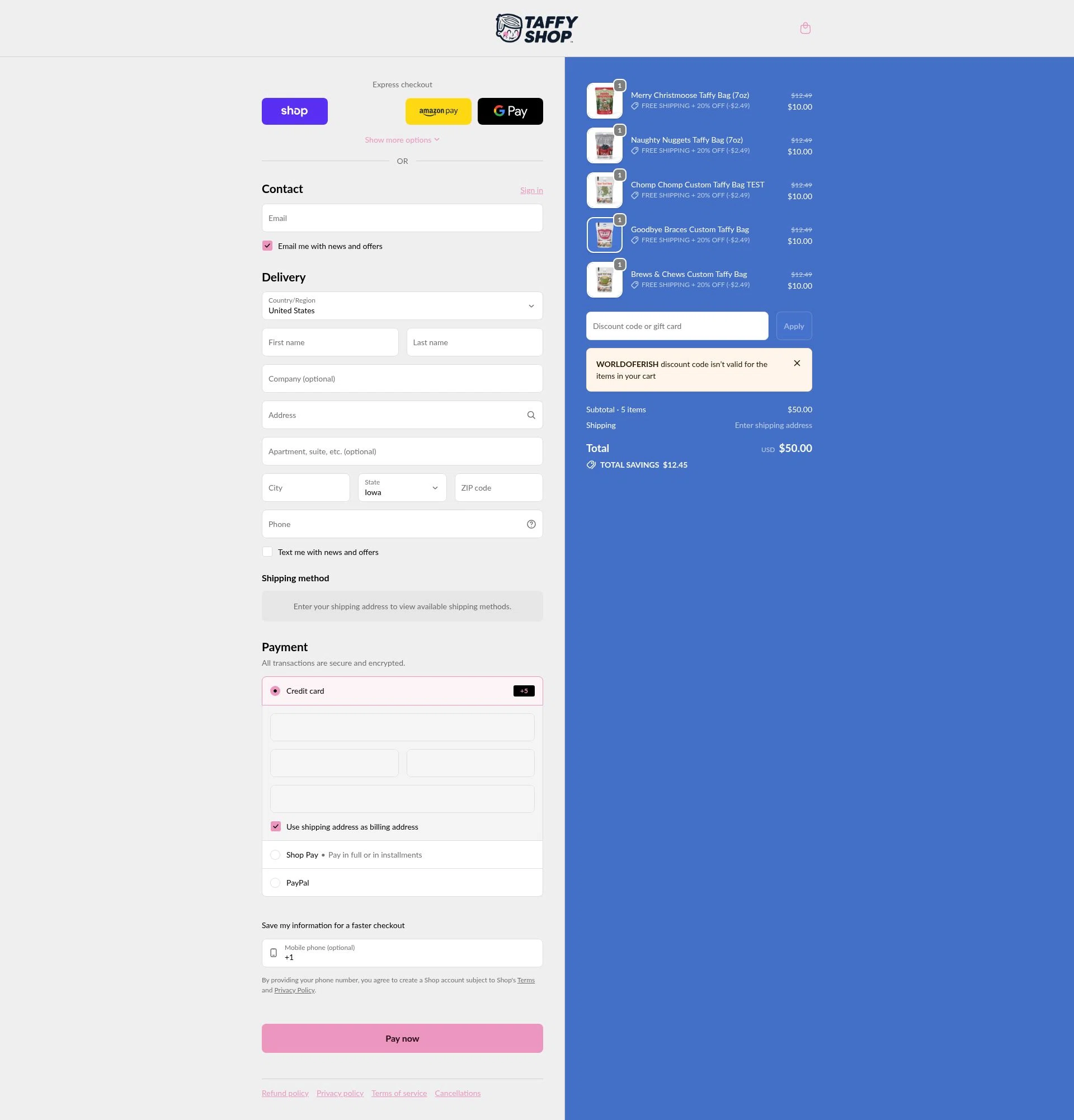Taffy Shop checkout page showing Taffy Shop discount code box | Screenshot taken by SimplyCodes community member on Feb 1, 2026