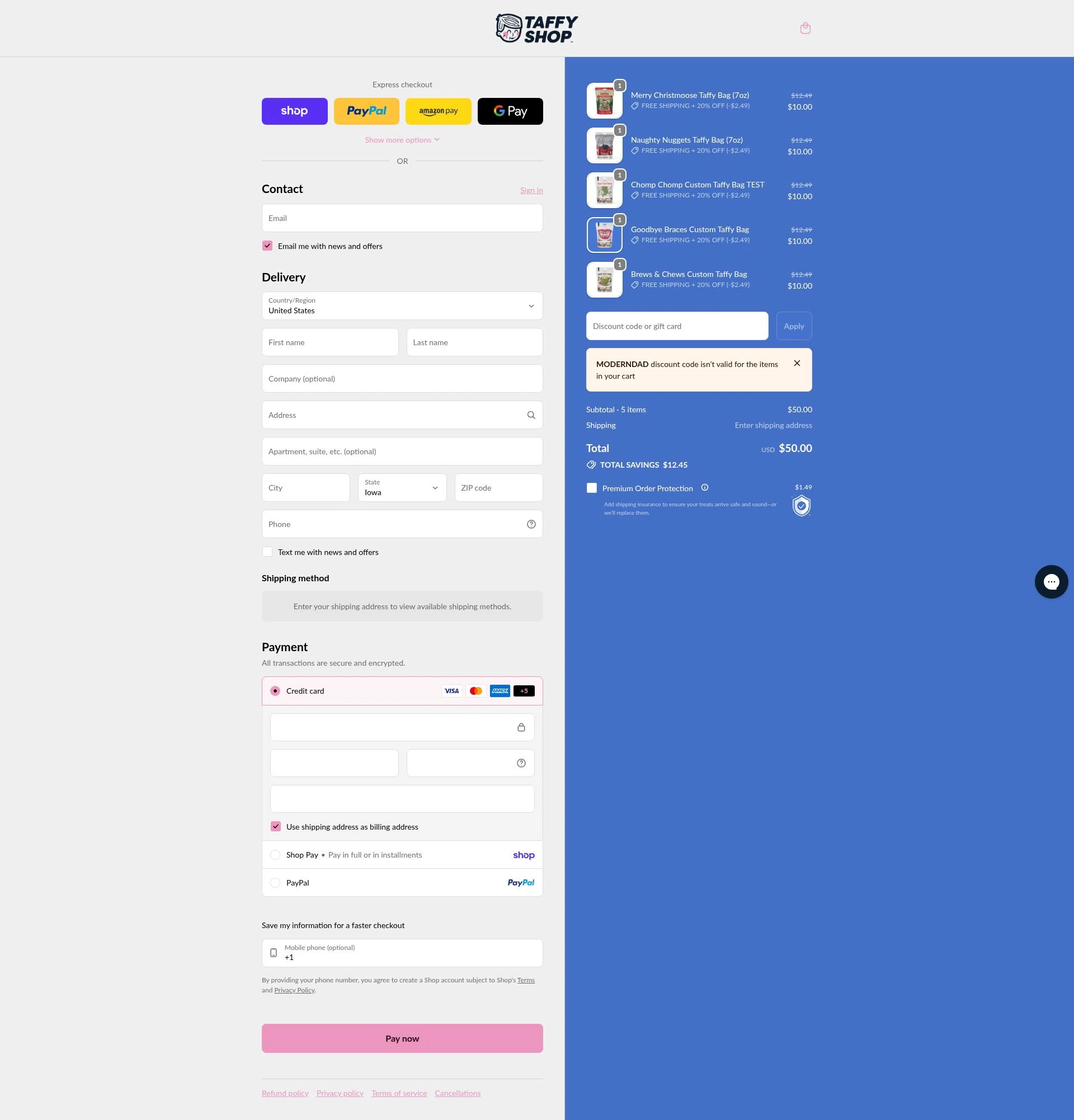 Taffy Shop checkout page showing Taffy Shop discount code box | Screenshot taken by SimplyCodes community member on Feb 1, 2026