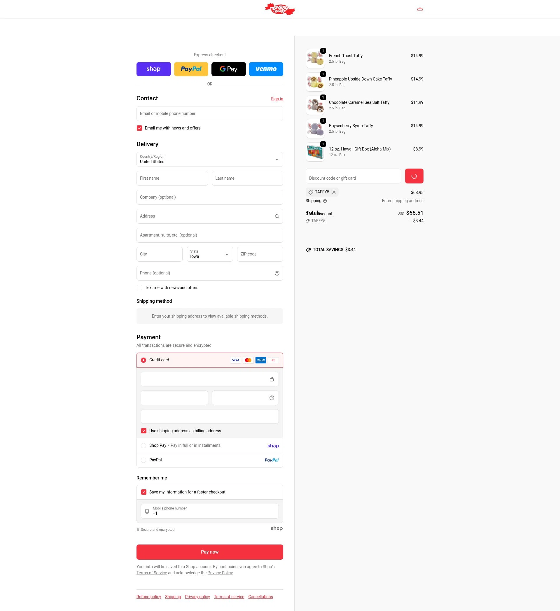 Taffy Town checkout page showing Taffy Town discount code box | Screenshot taken by SimplyCodes community member on Jan 27, 2026
