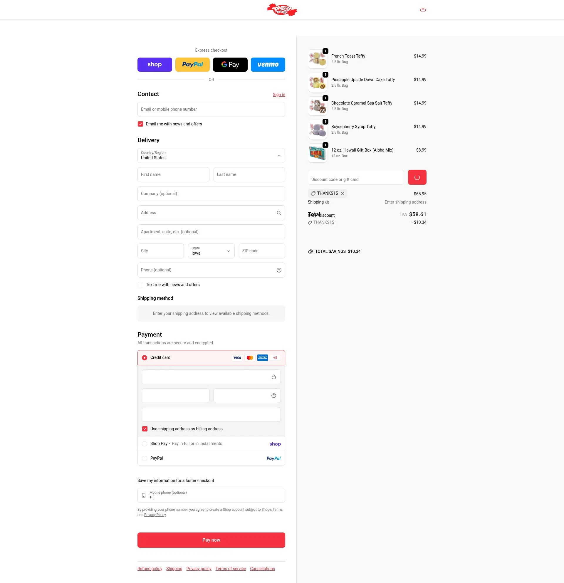 Taffy Town checkout page showing Taffy Town discount code box | Screenshot taken by SimplyCodes community member on Feb 5, 2026