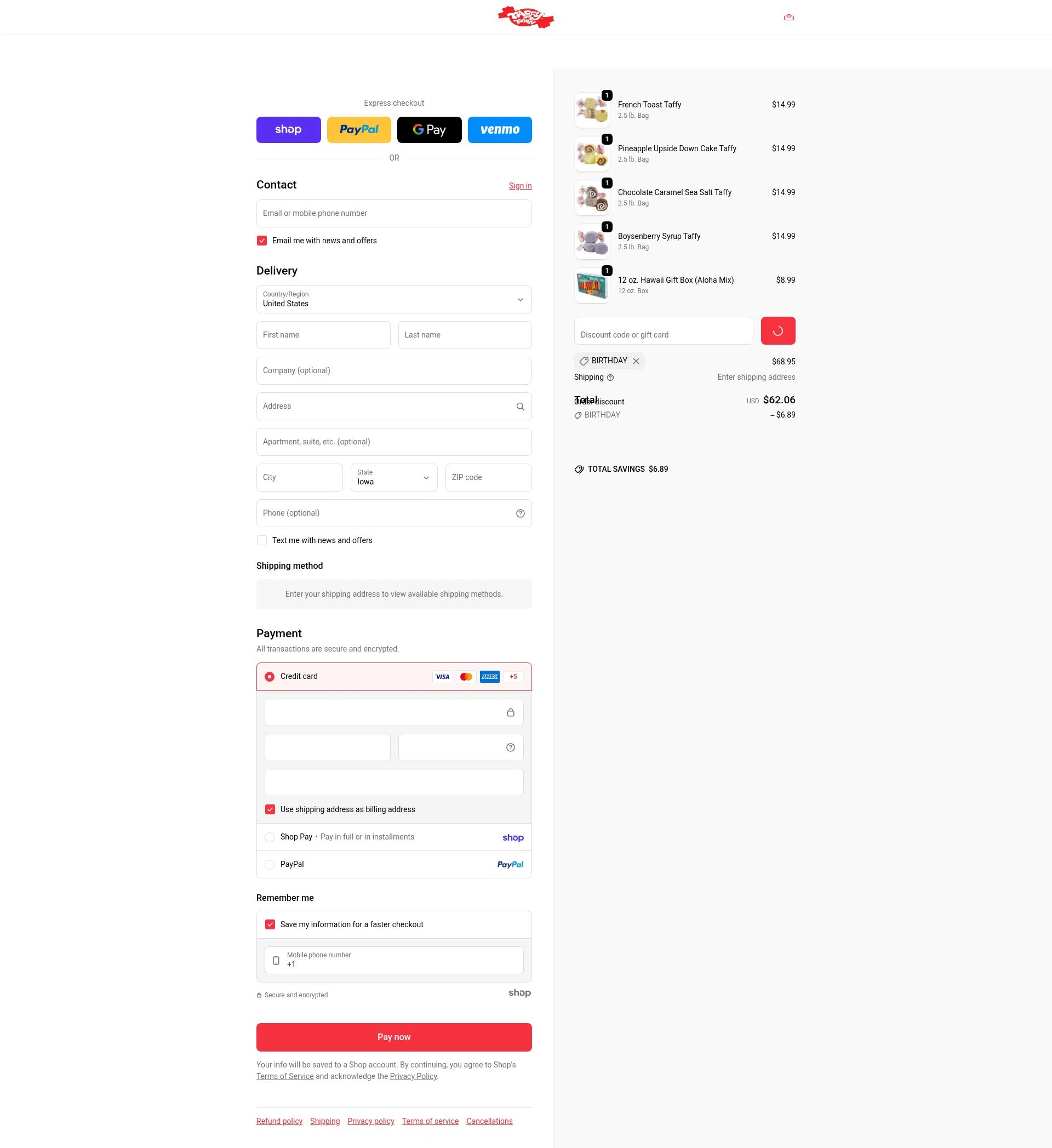 Taffy Town checkout page showing Taffy Town discount code box | Screenshot taken by SimplyCodes community member on Jan 27, 2026