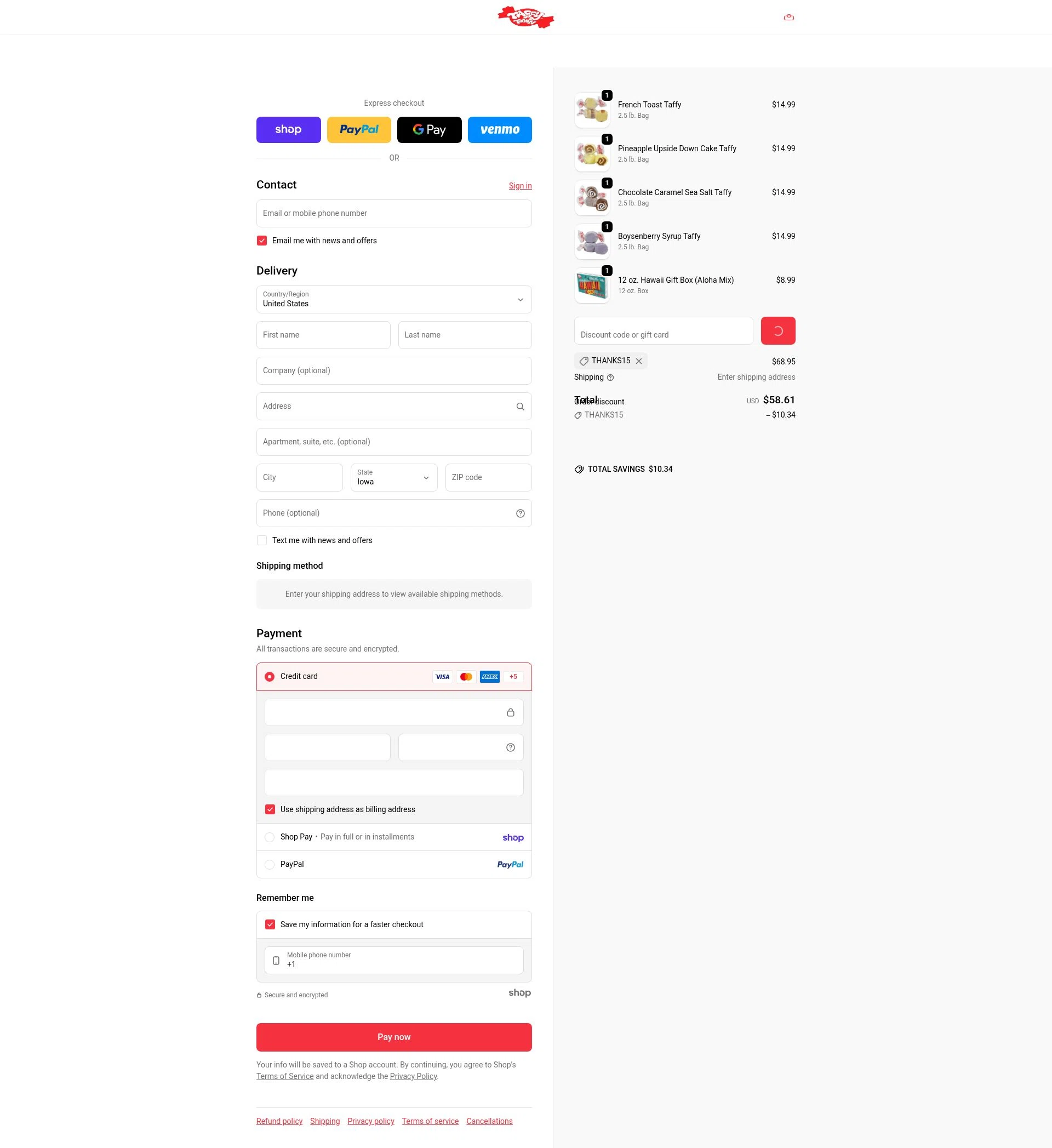 Taffy Town checkout page showing Taffy Town discount code box | Screenshot taken by SimplyCodes community member on Jan 27, 2026