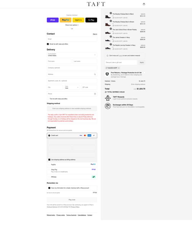TAFT checkout page showing TAFT discount code box | Screenshot taken by SimplyCodes community member on Sep 11, 2025