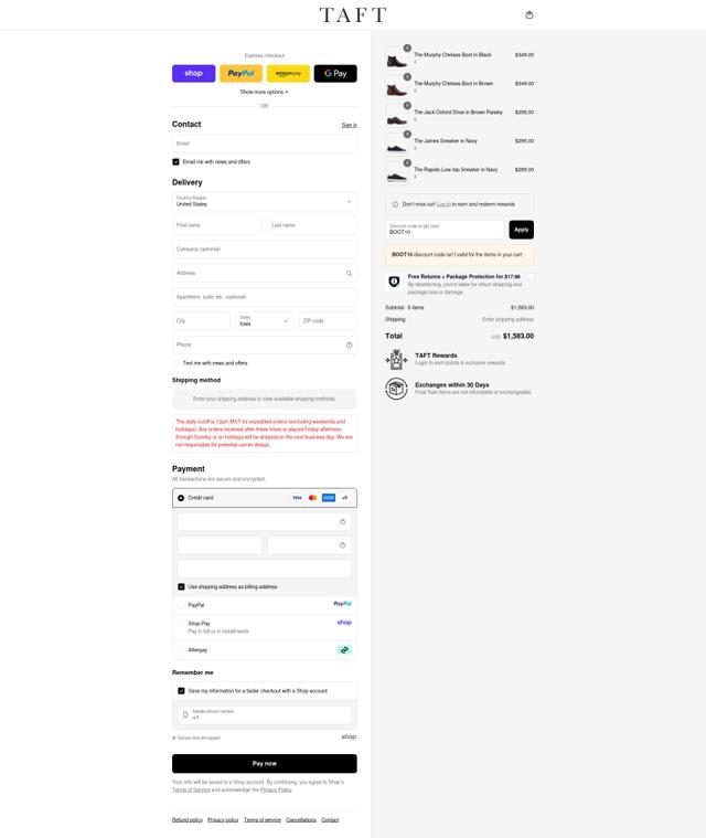 TAFT checkout page showing TAFT discount code box | Screenshot taken by SimplyCodes community member on Sep 11, 2025