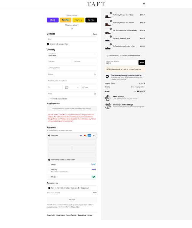 TAFT checkout page showing TAFT discount code box | Screenshot taken by SimplyCodes community member on Sep 11, 2025