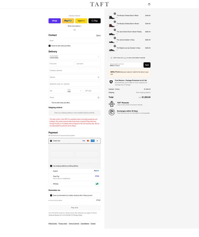 TAFT checkout page showing TAFT discount code box | Screenshot taken by SimplyCodes community member on Sep 11, 2025