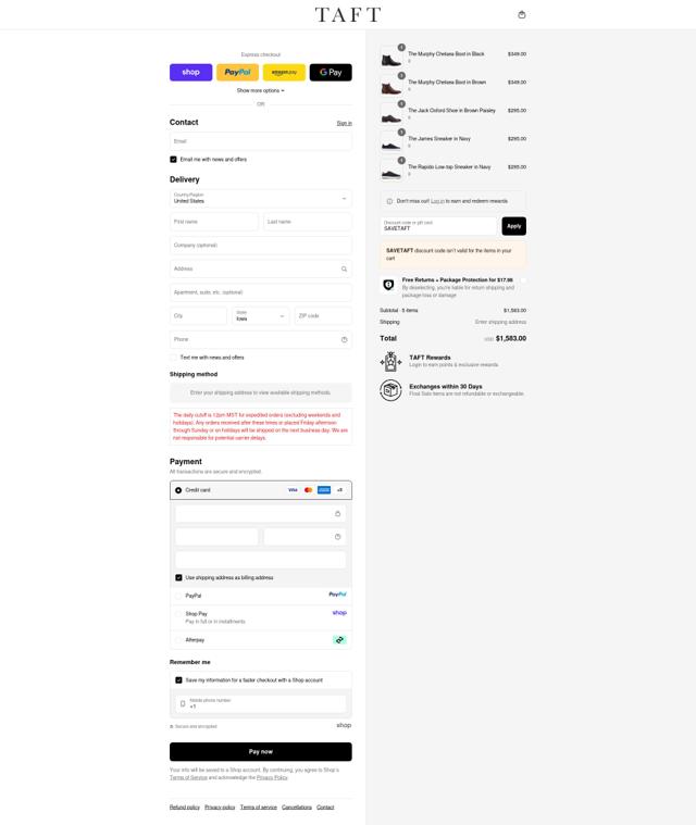 TAFT checkout page showing TAFT discount code box | Screenshot taken by SimplyCodes community member on Sep 11, 2025
