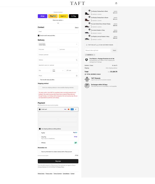 TAFT checkout page showing TAFT discount code box | Screenshot taken by SimplyCodes community member on Sep 11, 2025