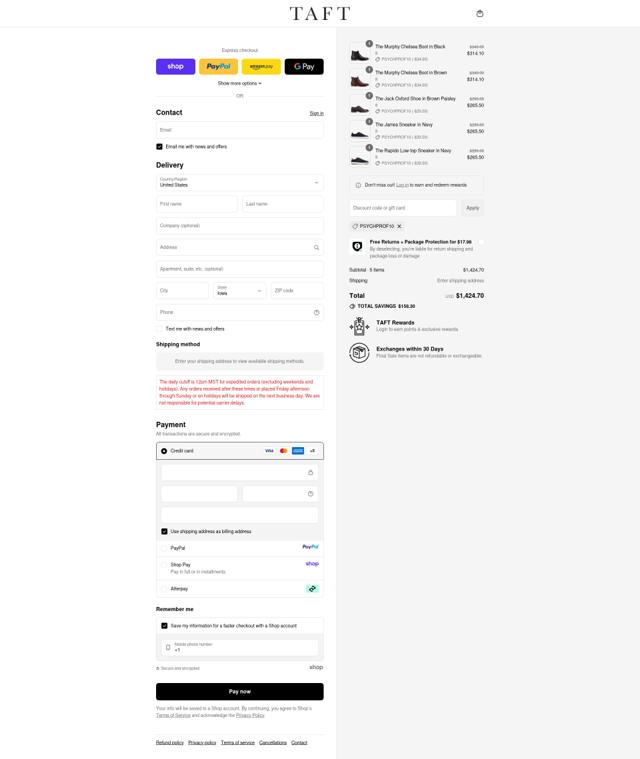TAFT checkout page showing TAFT discount code box | Screenshot taken by SimplyCodes community member on Sep 11, 2025