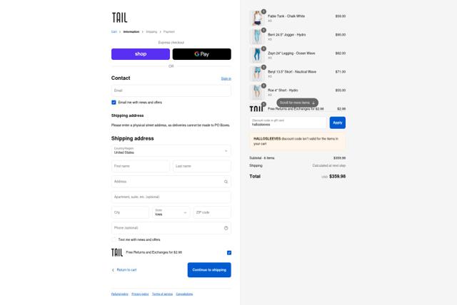 Tail Activewear checkout page showing Tail Activewear coupon code box | Screenshot taken by SimplyCodes community member on Sep 12, 2025