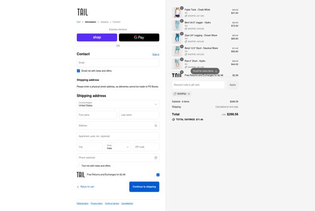 Tail Activewear checkout page showing Tail Activewear coupon code box | Screenshot taken by SimplyCodes community member on Sep 12, 2025