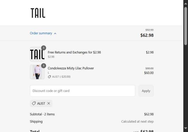 Tail Activewear checkout page showing Tail Activewear coupon code box | Screenshot taken by SimplyCodes community member on Sep 12, 2025