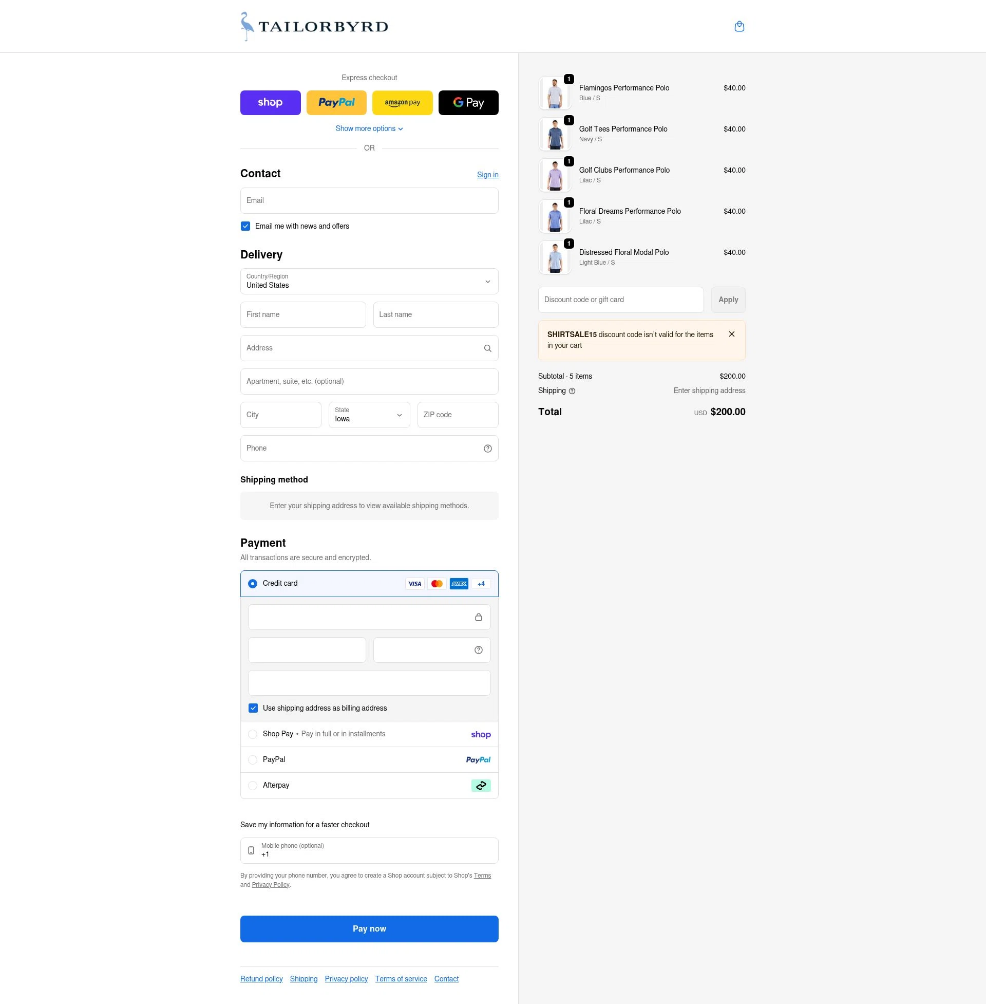 TailorByrd checkout page showing TailorByrd discount code box | Screenshot taken by SimplyCodes community member on Feb 15, 2026