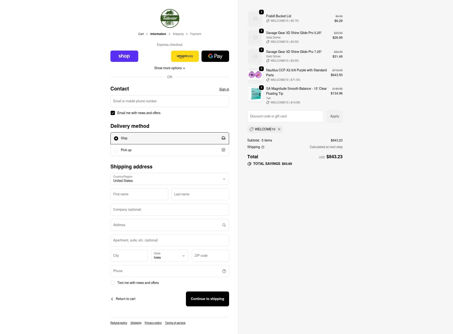 Tailwater Outfitters checkout page showing Tailwater Outfitters discount code box | Screenshot taken by SimplyCodes community member on Nov 12, 2025