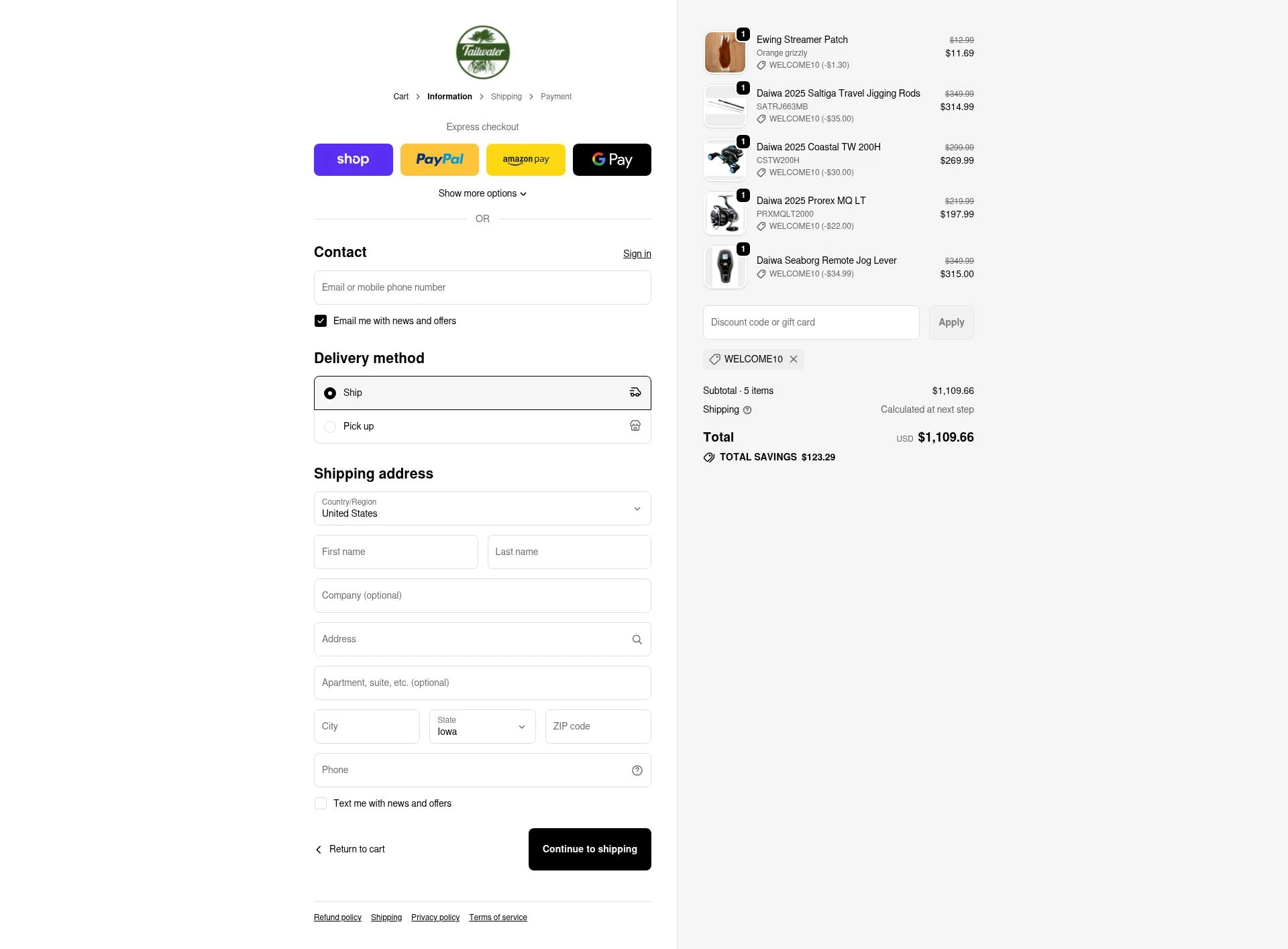 Tailwater Outfitters checkout page showing Tailwater Outfitters discount code box | Screenshot taken by SimplyCodes community member on Oct 5, 2025