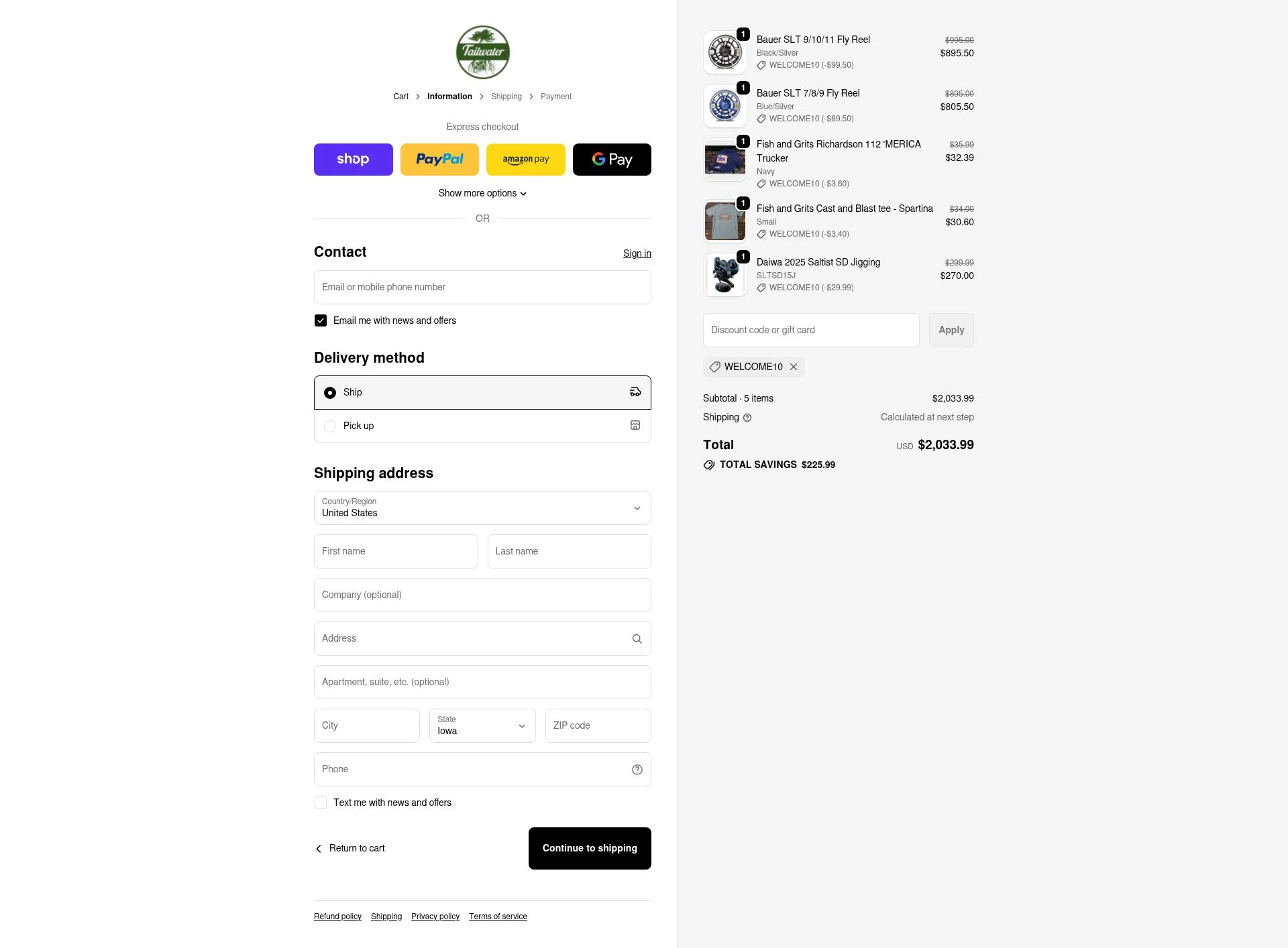 Tailwater Outfitters checkout page showing Tailwater Outfitters discount code box | Screenshot taken by SimplyCodes community member on Oct 21, 2025