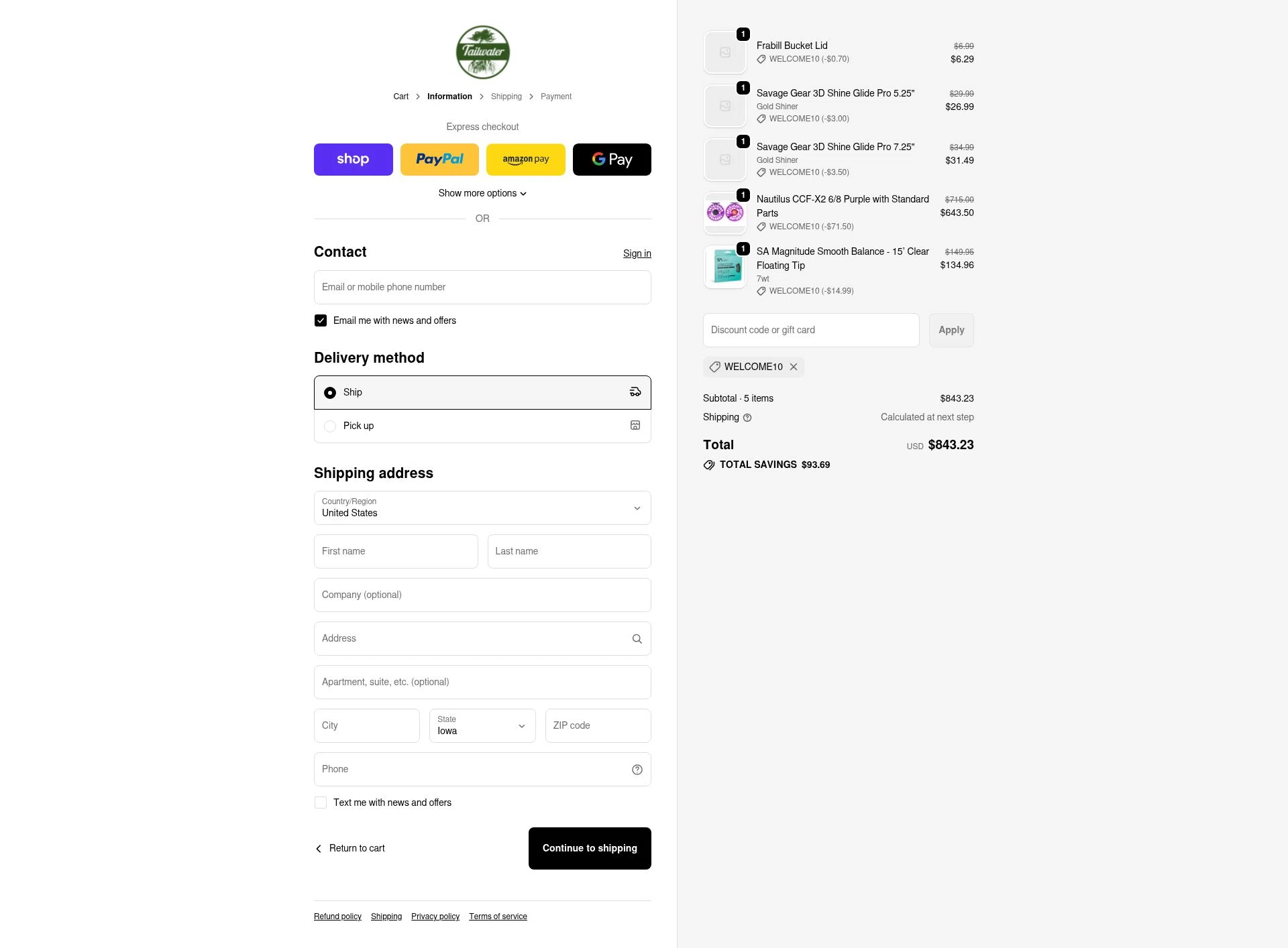 Tailwater Outfitters checkout page showing Tailwater Outfitters discount code box | Screenshot taken by SimplyCodes community member on Nov 22, 2025