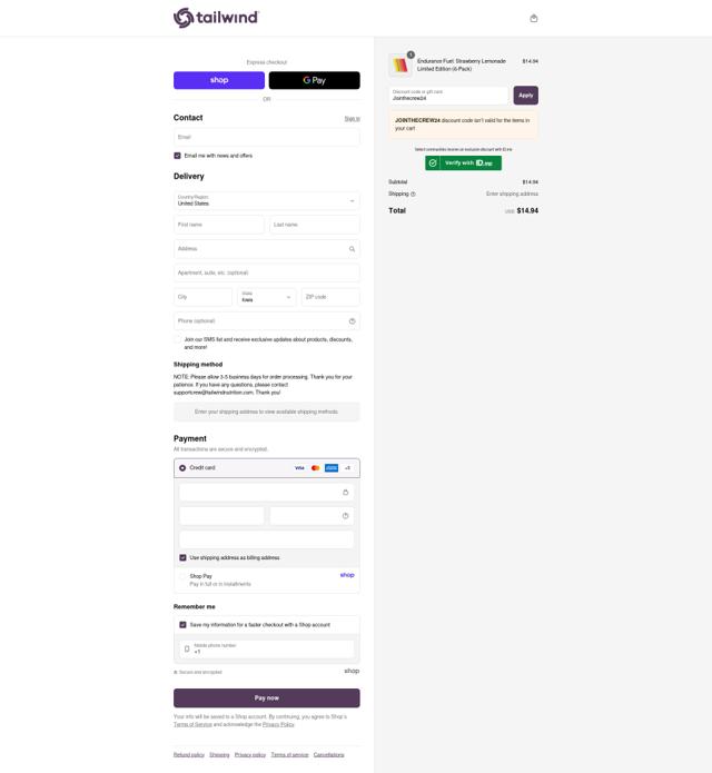 Tailwind Nutrition checkout page showing Tailwind Nutrition discount code box | Screenshot taken by SimplyCodes community member on Sep 12, 2025