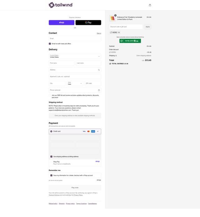 Tailwind Nutrition checkout page showing Tailwind Nutrition discount code box | Screenshot taken by SimplyCodes community member on Sep 12, 2025