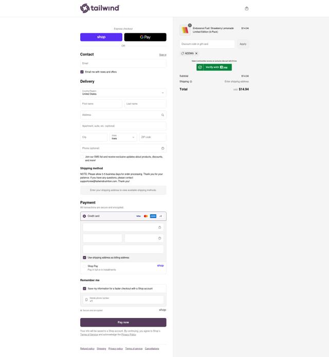 Tailwind Nutrition checkout page showing Tailwind Nutrition discount code box | Screenshot taken by SimplyCodes community member on Sep 12, 2025