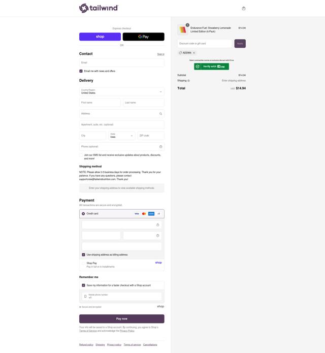 Tailwind Nutrition checkout page showing Tailwind Nutrition discount code box | Screenshot taken by SimplyCodes community member on Sep 12, 2025