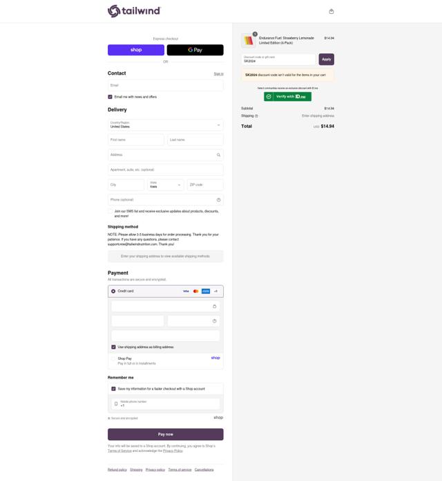 Tailwind Nutrition checkout page showing Tailwind Nutrition discount code box | Screenshot taken by SimplyCodes community member on Sep 12, 2025