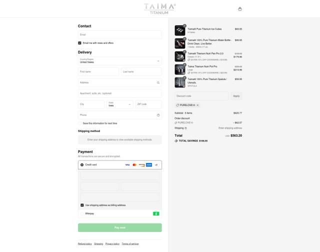 Taima Titanium checkout page showing Taima Titanium discount code box | Screenshot taken by SimplyCodes community member on Aug 20, 2025