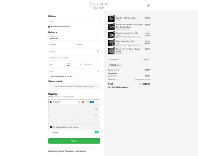 Taima Titanium checkout page showing Taima Titanium discount code box | Screenshot taken by SimplyCodes community member on Aug 20, 2025